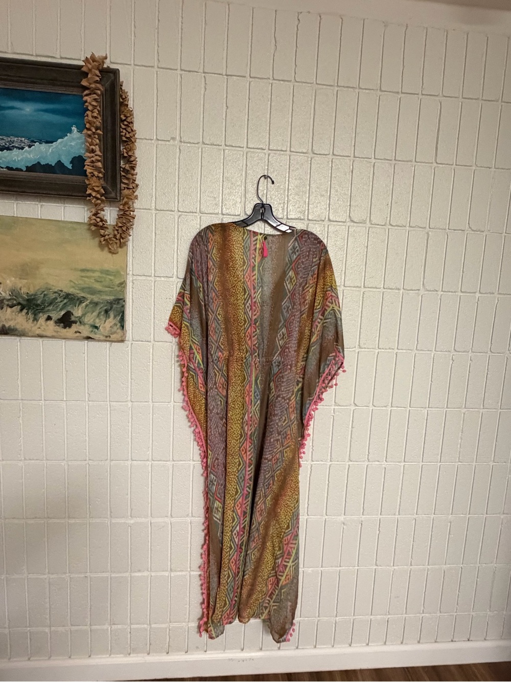 Colorful Tribal Stripe Caftan Cover-Up with Pink Trim
